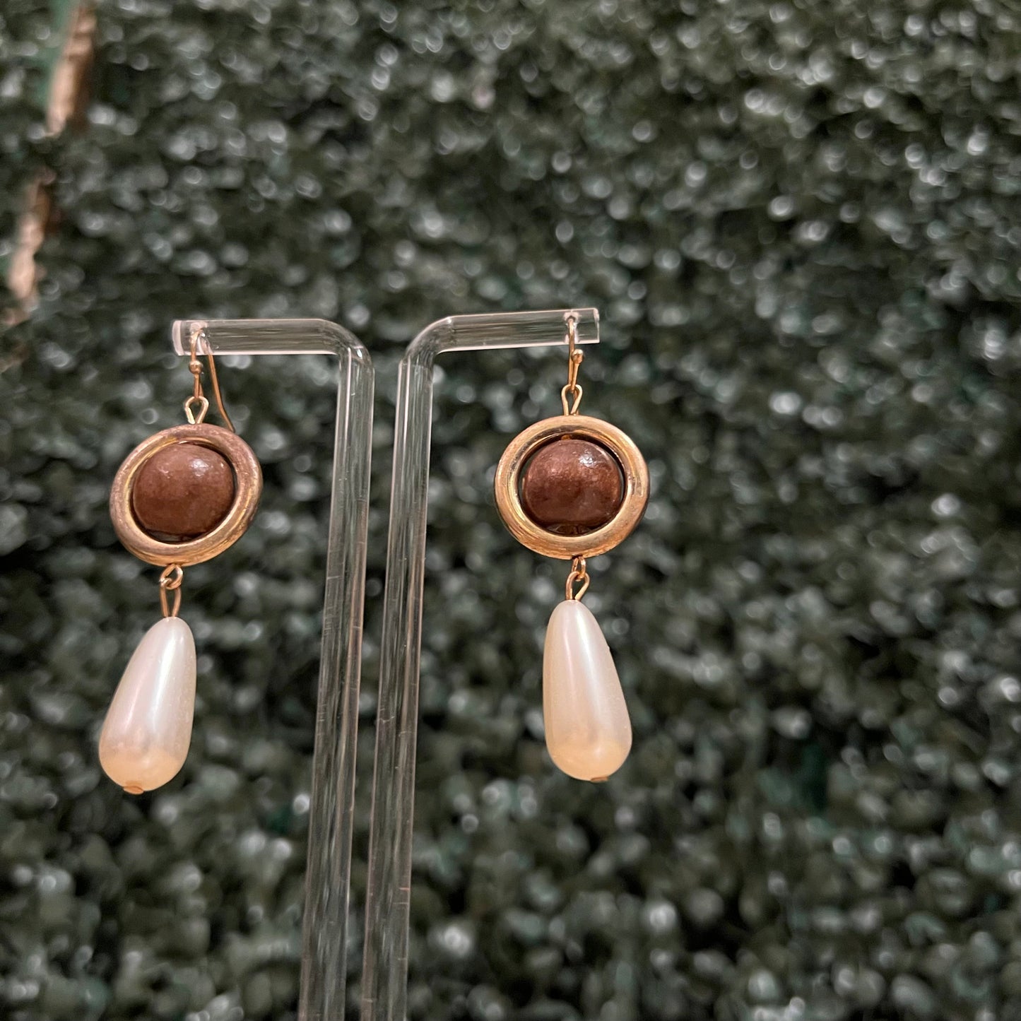 Wood & Pearl Earrings - Dark Brown