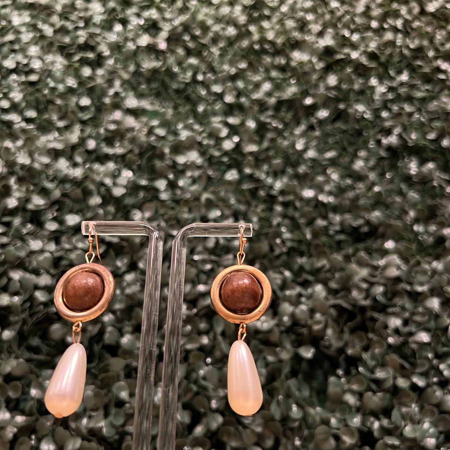 Wood & Pearl Earrings - Dark Brown