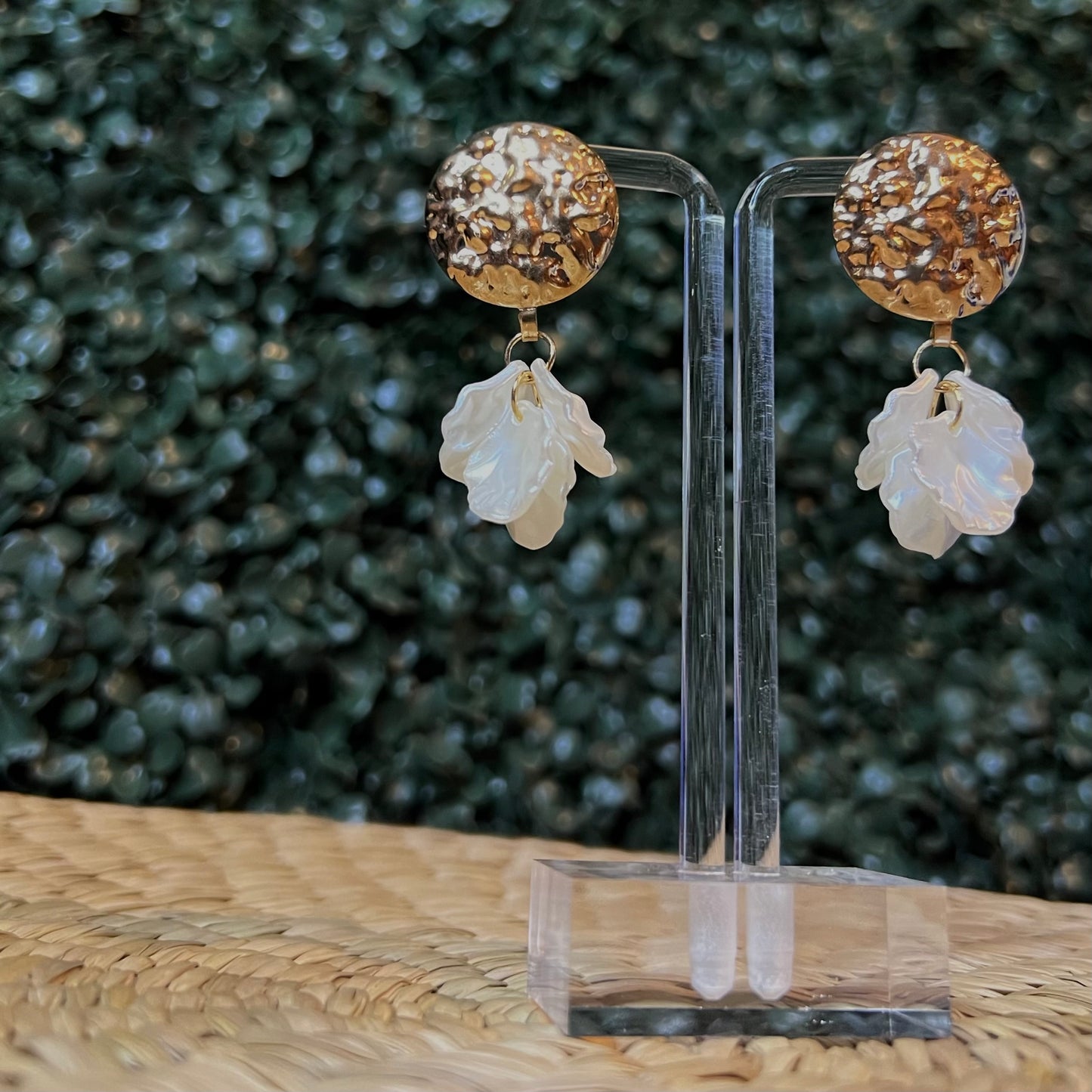 Gold Disc Stud with Pearl Petal Earrings