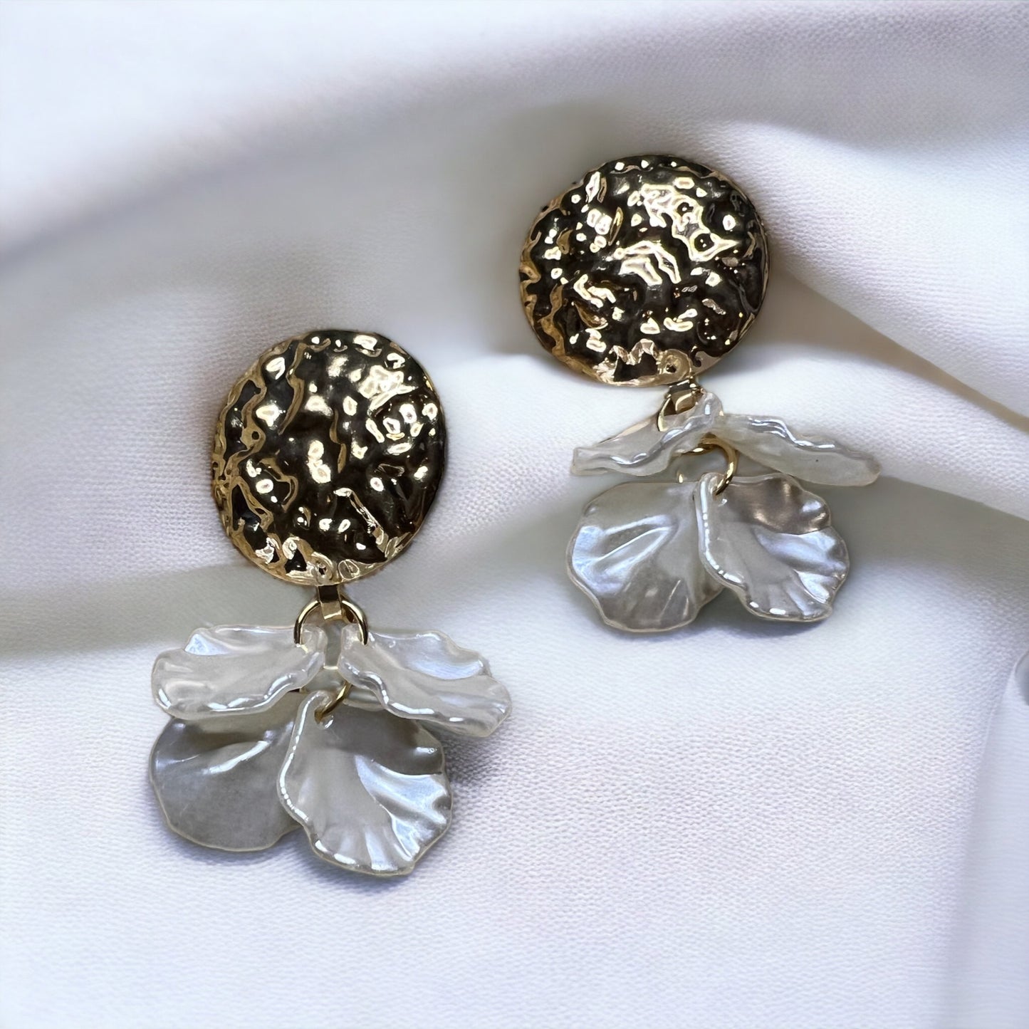 Gold Disc Stud with Pearl Petal Earrings
